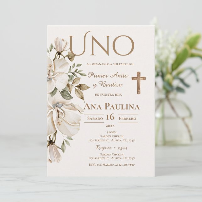 Bautismo e invitación al primer año en español (Anverso de pie)