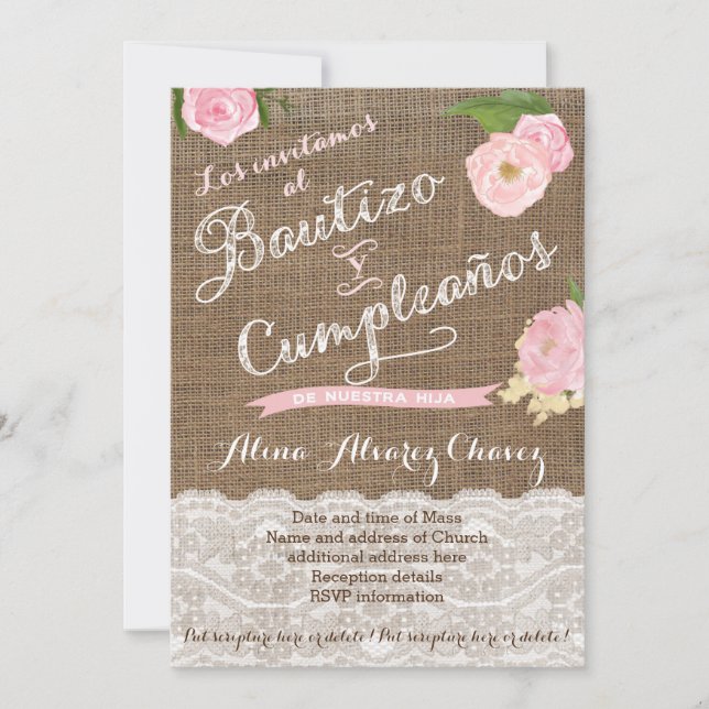 Bautismo español e invitaciones de cumpleaños para (Anverso)