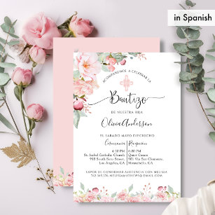 Bautismo español Invitación a la floral rosa y de 