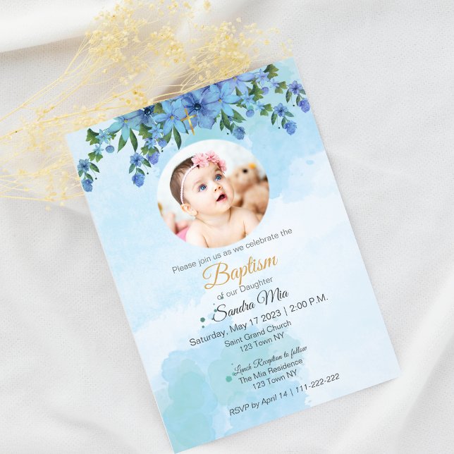 Bautismo floral azul con invitación fotográfica (Blue Floral Baptism with photo Invitation)