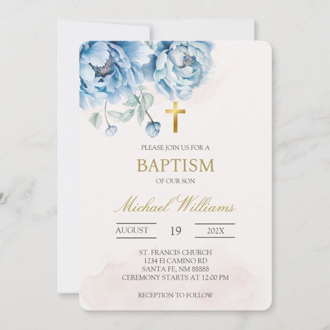 Bautismo floral azul Invitación (Anverso)