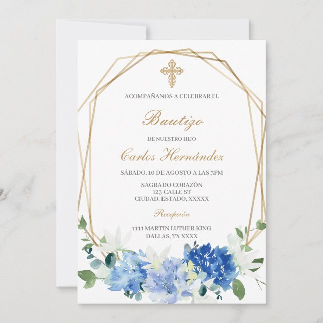 Bautismo floral azul Invitación española (Anverso)