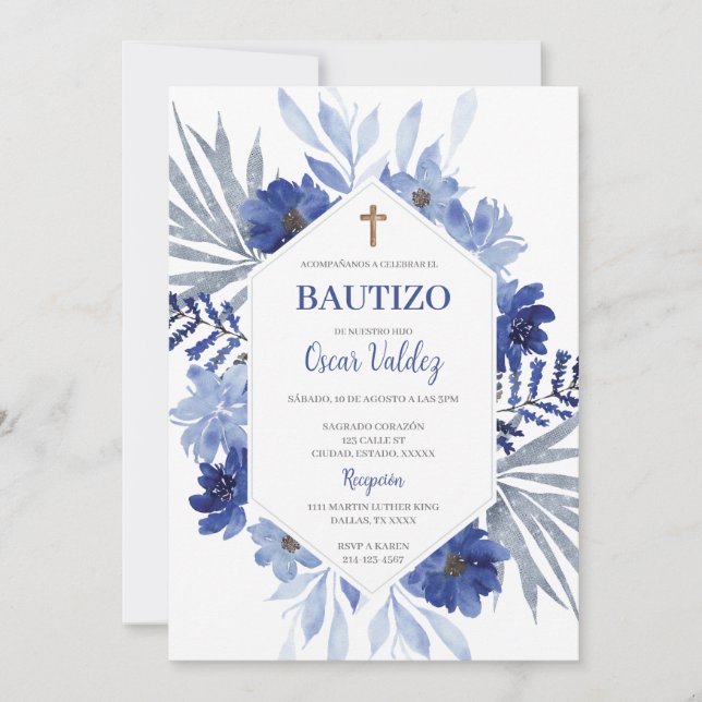 Bautismo floral azul Invitación española para niño (Anverso)