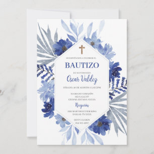 Bautismo floral azul Invitación española para niño