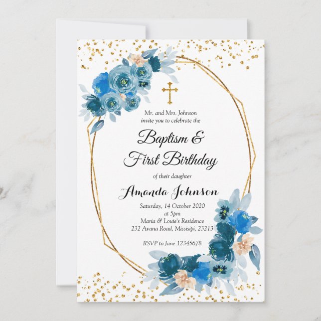 Bautismo Floral Azul y primera invitación de cumpl (Anverso)