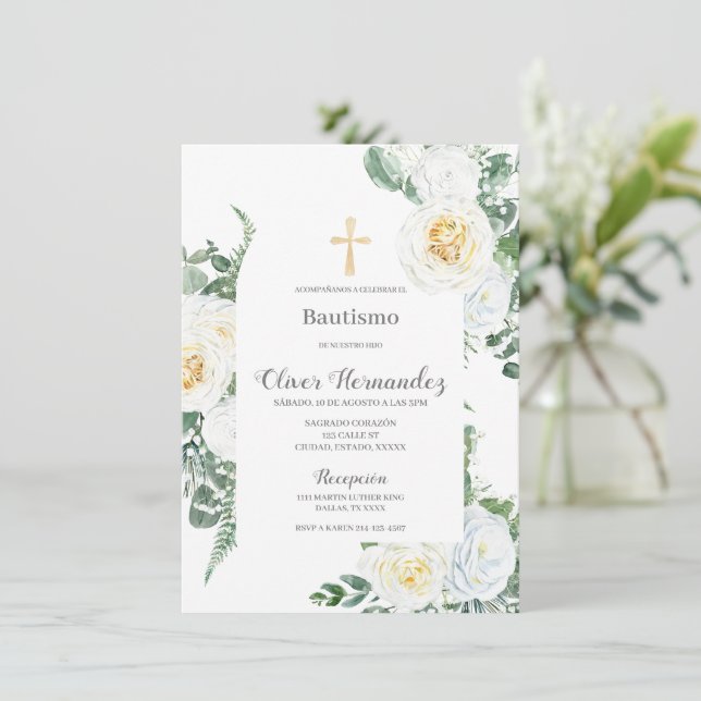 Bautismo floral blanco Invitación española (Anverso de pie)