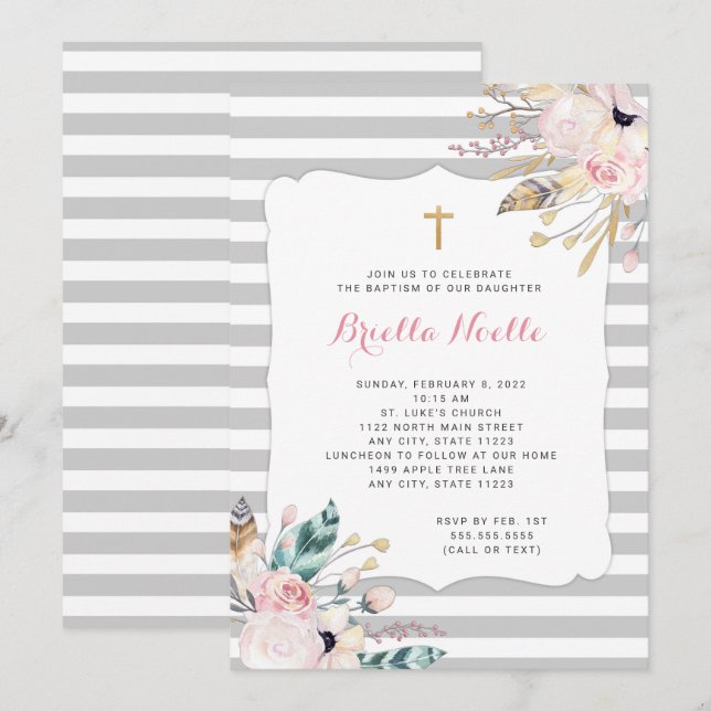 Bautismo floral boho o primeras invitaciones a la  (Anverso / Reverso)