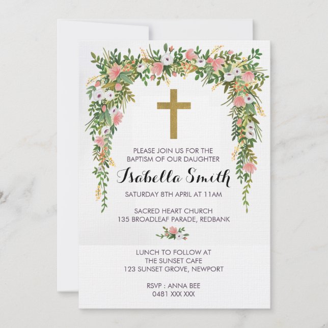 Bautismo floral de oro rosado / Invitación a la cr (Anverso)