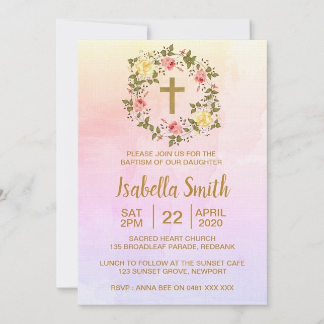Bautismo floral de oro rosado / Invitación a la Na (Anverso)