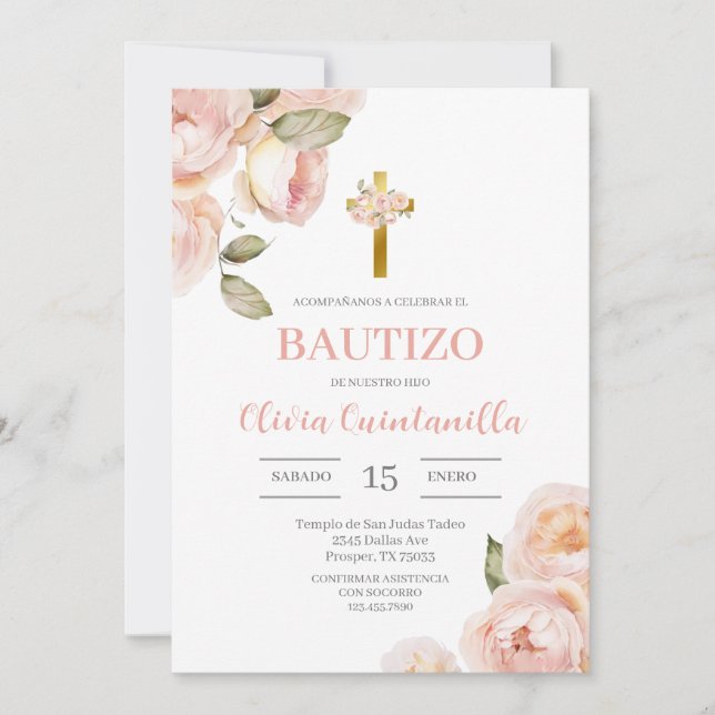 Bautismo floral rosado Invitación española (Anverso)