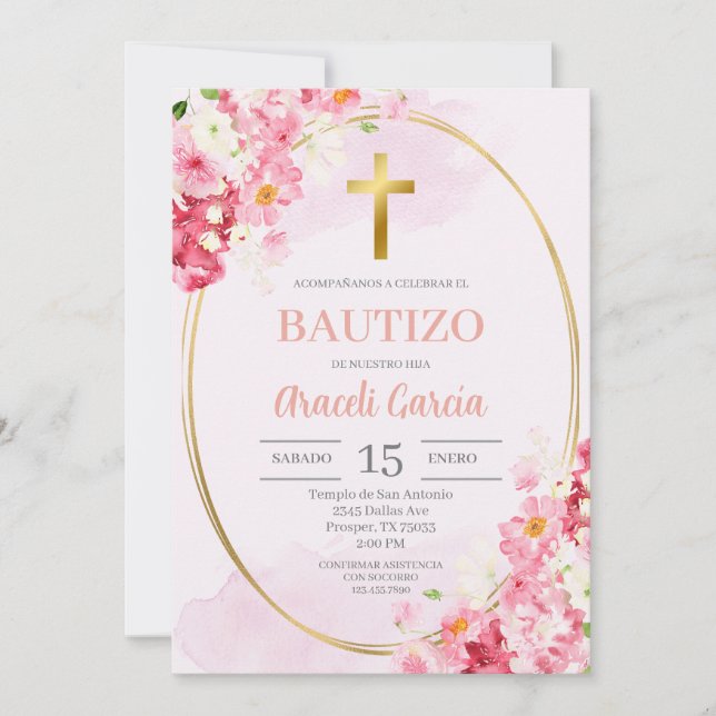 Bautismo floral rosado Invitación española (Anverso)
