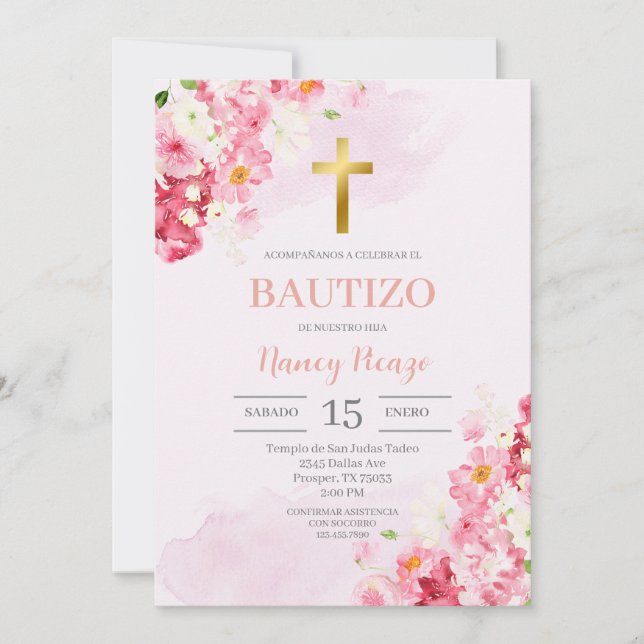 Bautismo floral rosado Invitación española (Anverso)
