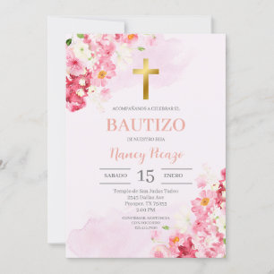Bautismo floral rosado Invitación española