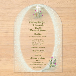 Bautismo floral verde y blanco Invitación acrílica
