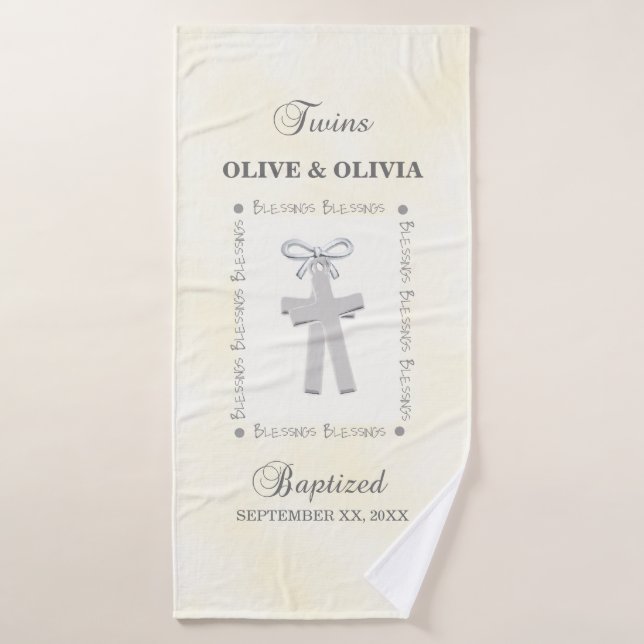 Bautismo gemelo en cruces amarillas 2 personalizad (Toalla de baño)