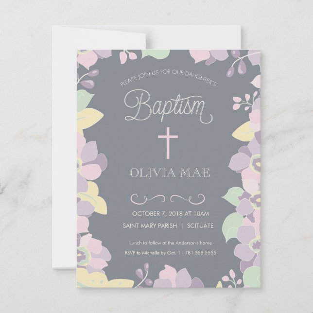 Bautismo, invitación del bautizo - flores y cruz (Anverso)