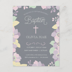 Bautismo, invitación del bautizo - flores y cruz