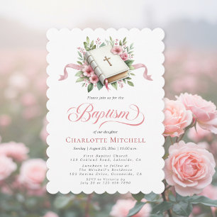 Bautismo moderno de flores rosadas Invitación