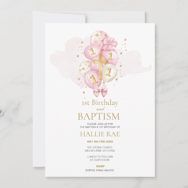Bautismo rosado y dorado e invitación a cumplir 1  (Anverso)