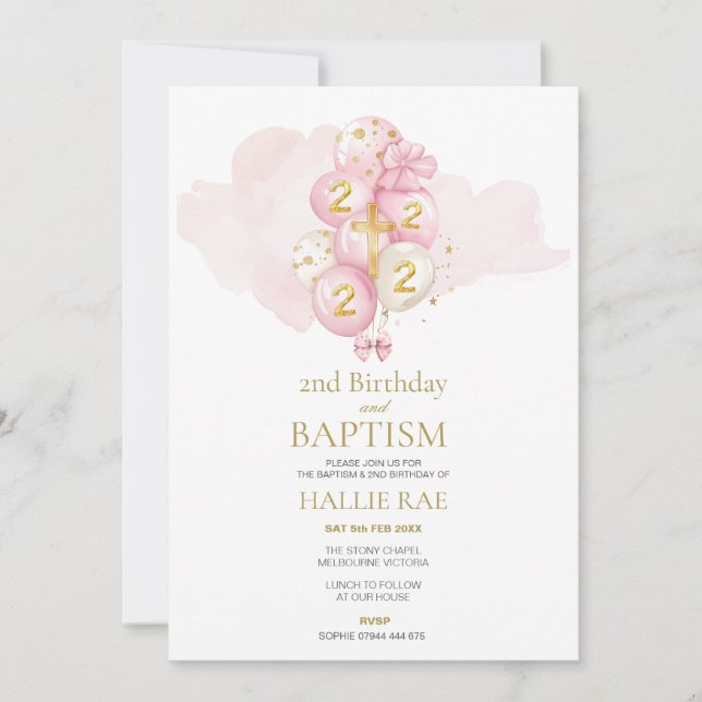 Bautismo rosado y dorado e invitación a cumplir 2  (Anverso)