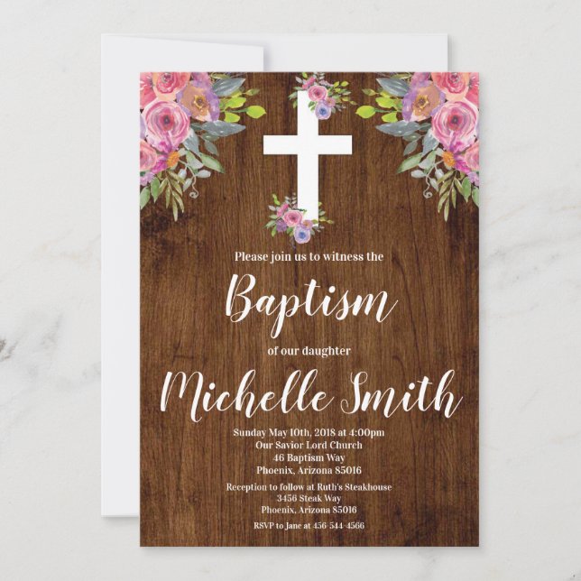 Bautismo Rústico Floral Rosa Invitación religiosa (Anverso)