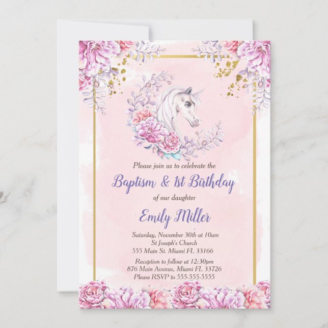 Bautismo unicornio e invitación a su cumpleaños (Anverso)