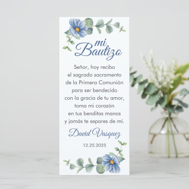 Bautizo Bookmark Favor Green Leaves Flores Azules (Anverso de pie)