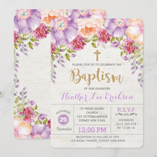 Bautizo floral púrpura del chica de la invitación (Anverso / Reverso)