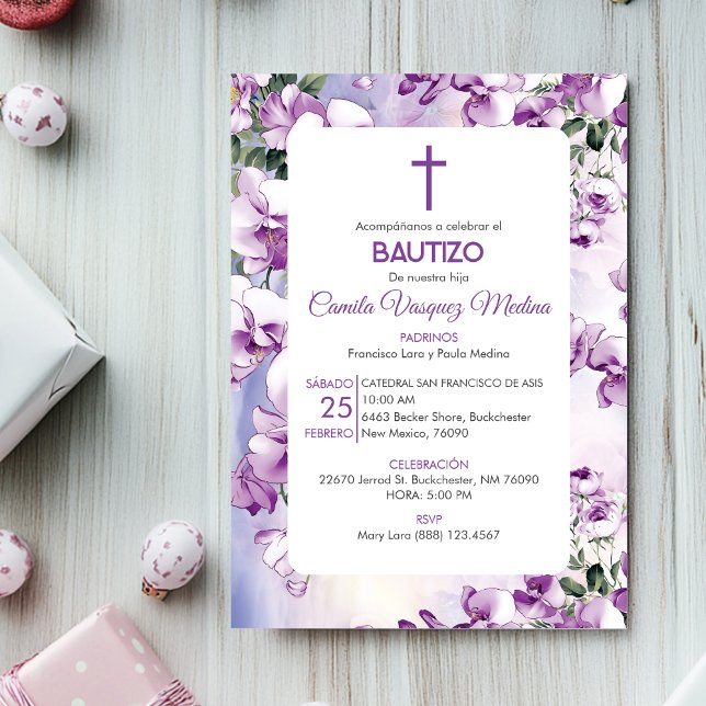 Bautizo Invitación Bautismo Flores Moradas (Subido por el creador)