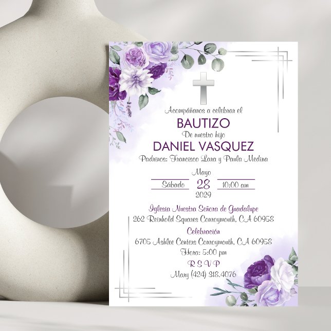 Bautizo Invitación Bautismo Flores Moradas (Subido por el creador)