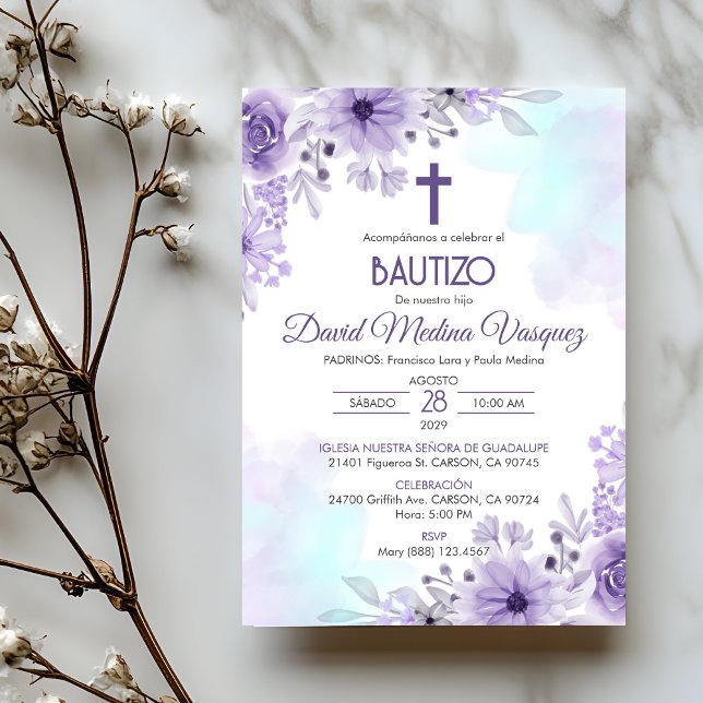 Bautizo Invitación Bautismo Flores Purples Elegant (Subido por el creador)