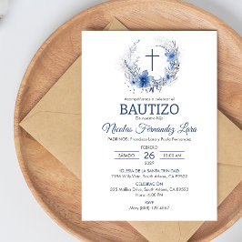 Bautizo Invitación Cute Cruz Flores Azules Bautism
