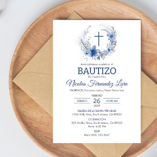 Bautizo Invitación Cute Cruz Flores Azules Bautism