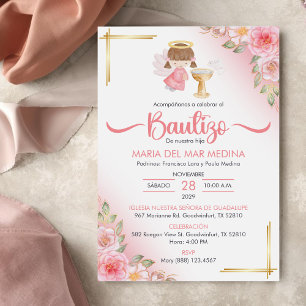 Bautizo Invitación Cute Flores Chica Angel Baptism