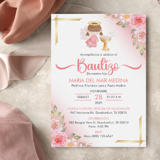Bautizo Invitación Cute Flores Chica Angel Baptism