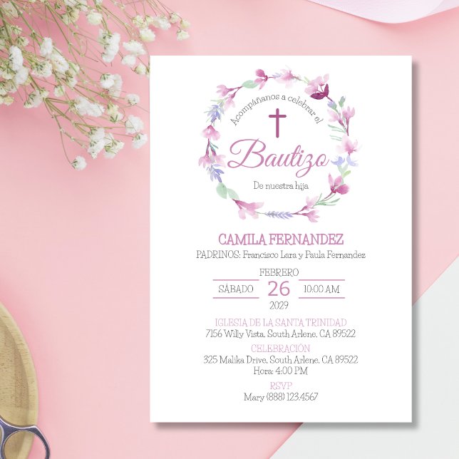Bautizo Invitación Cute Flores Cruzadas Rosa Bauti (Subido por el creador)