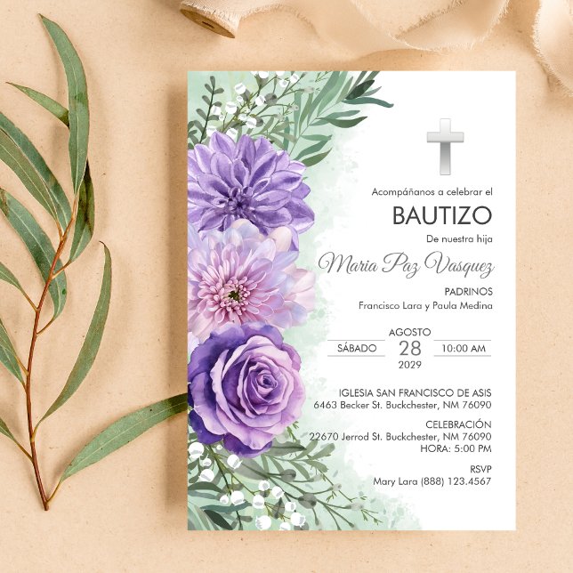 Bautizo Invitación Cute Flores Púrpura Christening (Subido por el creador)