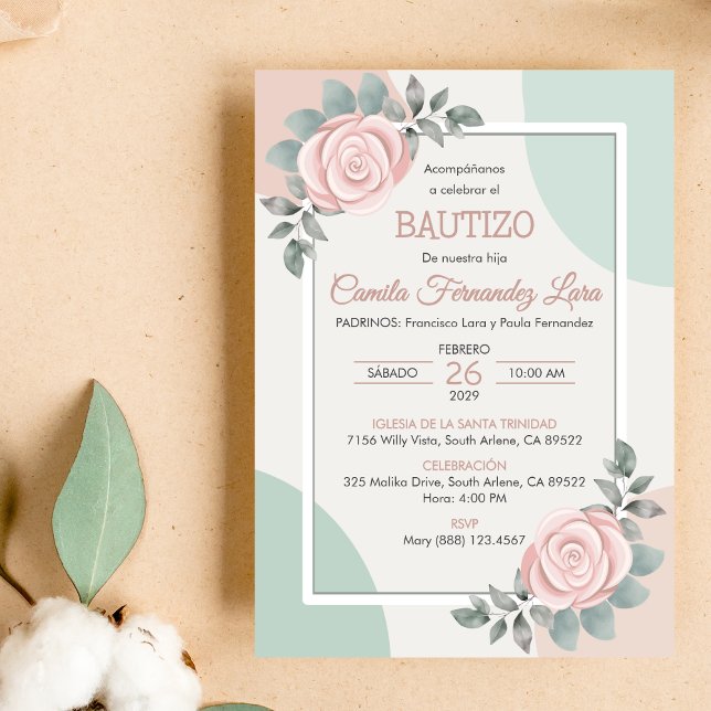 Bautizo Invitación Cute Roses Rosa Flores Bautismo (Subido por el creador)