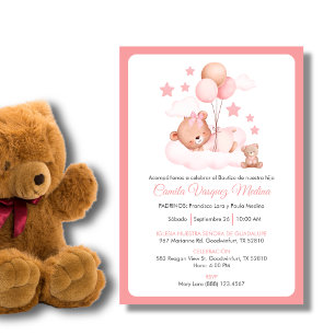 Bautizo Invitación Cute Teddy Bear Chicas Bautismo