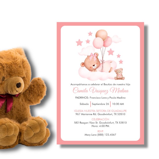 Bautizo Invitación Cute Teddy Bear Chicas Bautismo (Subido por el creador)