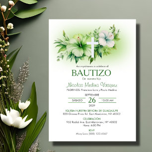 Bautizo Invitación Elegante Flores Blancas Bautism