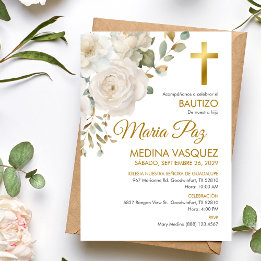 Bautizo Invitación Elegante Flores Blancas Bautism