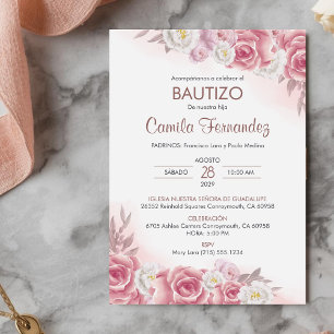 Bautizo Invitación en flor rosa del bautismo españ