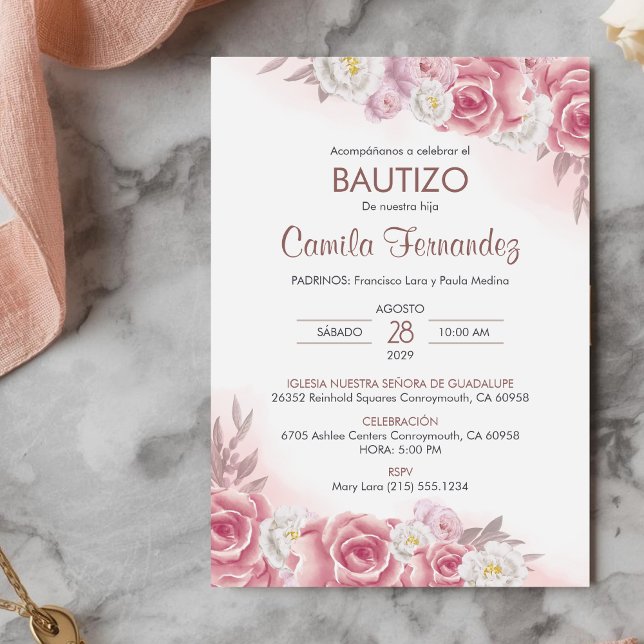 Bautizo Invitación en flor rosa del bautismo españ (Subido por el creador)