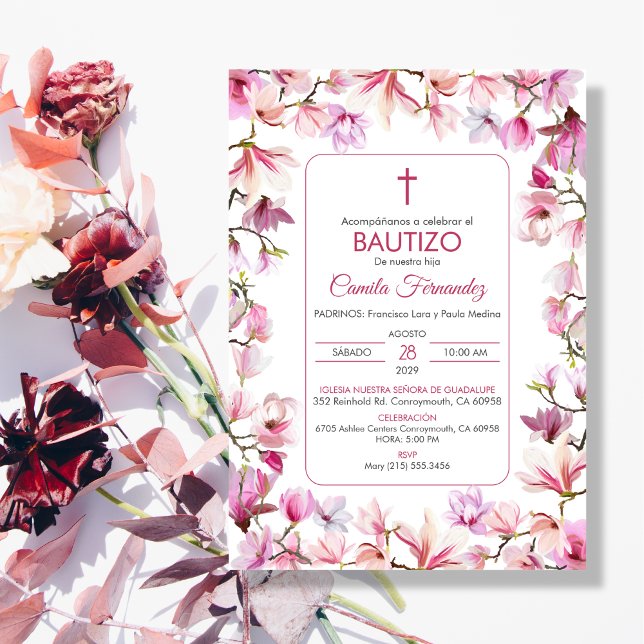 Bautizo Invitación en flor rosa del bautismo españ (Subido por el creador)