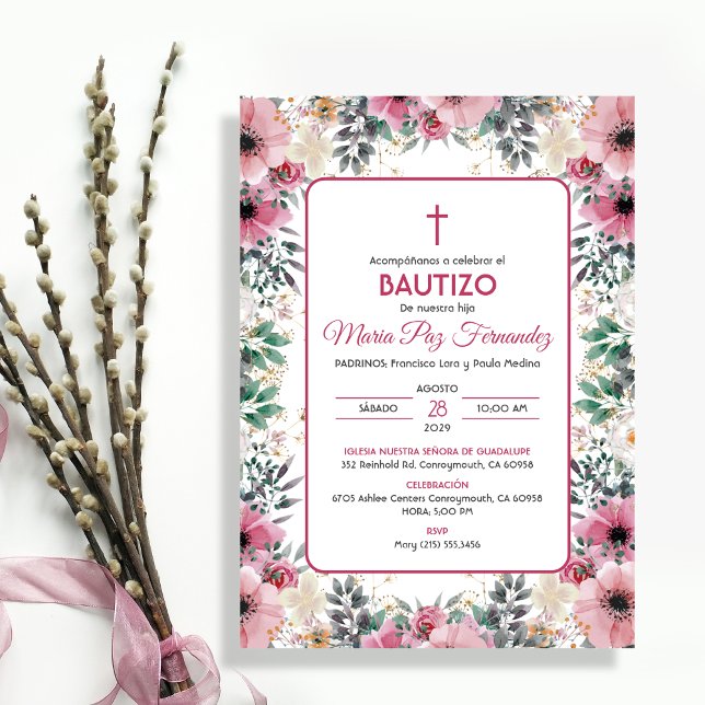 Bautizo Invitación en flor rosa del bautismo españ (Subido por el creador)