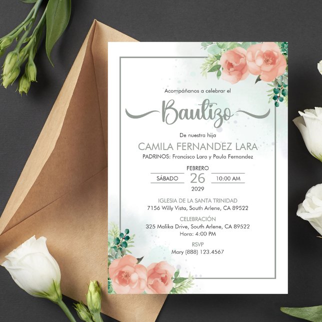 Bautizo Invitación Española Flores Rosa Bautismo B (Subido por el creador)