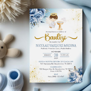 Bautizo Invitación Flores AZULES BoY Angel Baptism