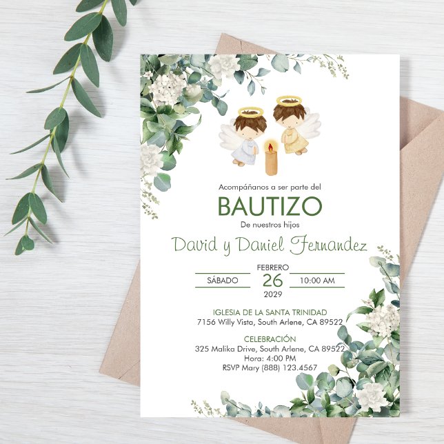 Bautizo Invitación Twin boys Green deja el bautism (Subido por el creador)