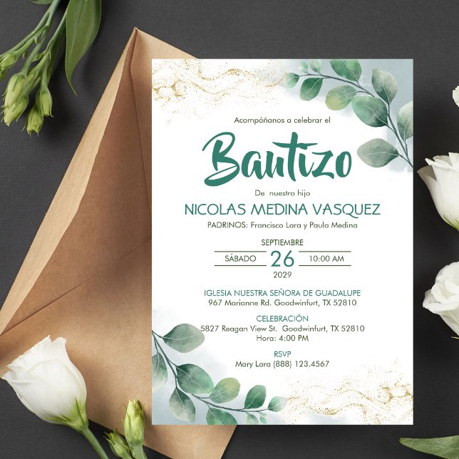 Bautizo Invitación Verde deja bautismo religioso (Subido por el creador)